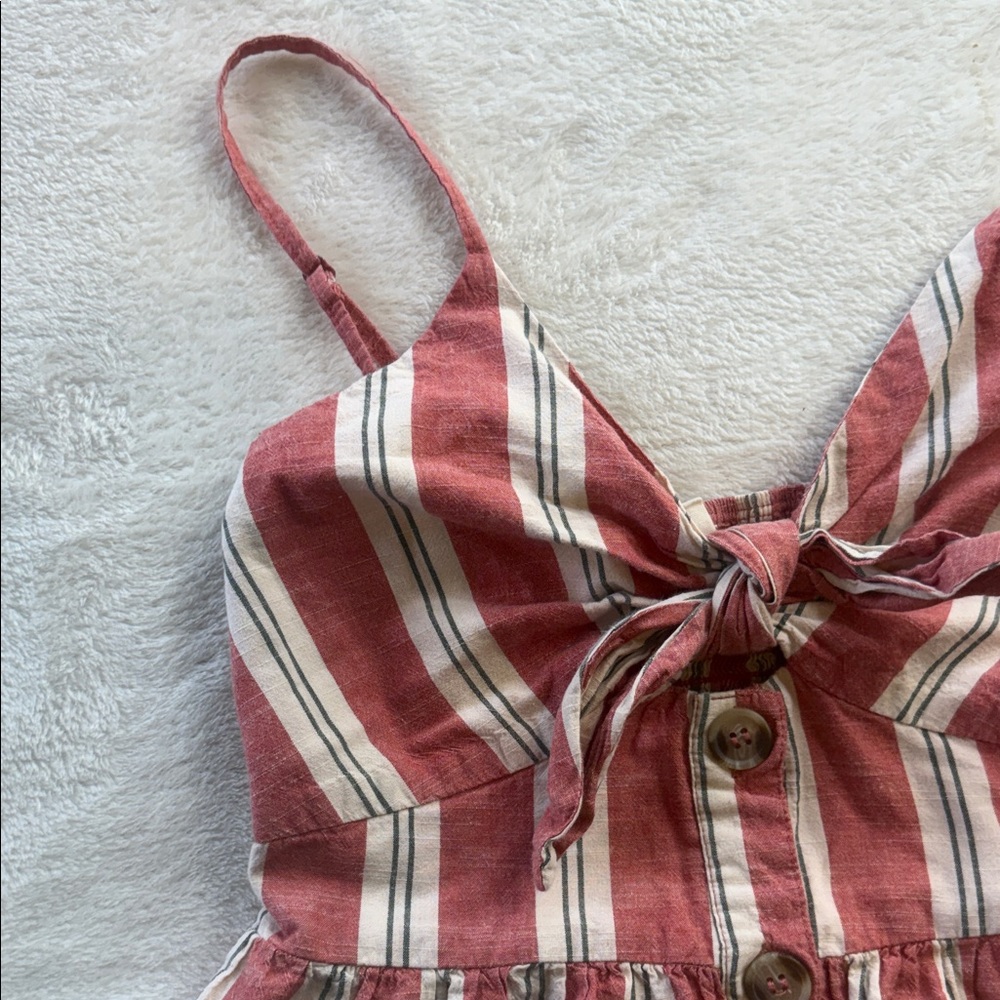 Japna Coral Red Creamy White Striped Tie-Front Button Up Spaghetti Strap Dress - Picture 10 of 12
